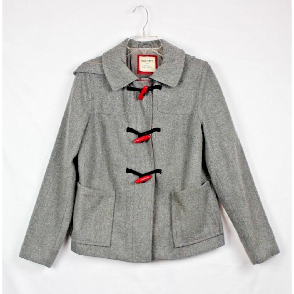OLD NAVY Jacket Coat Hooded Medium Wool Blend Duffle Style Toggle Gray Red Plaid
